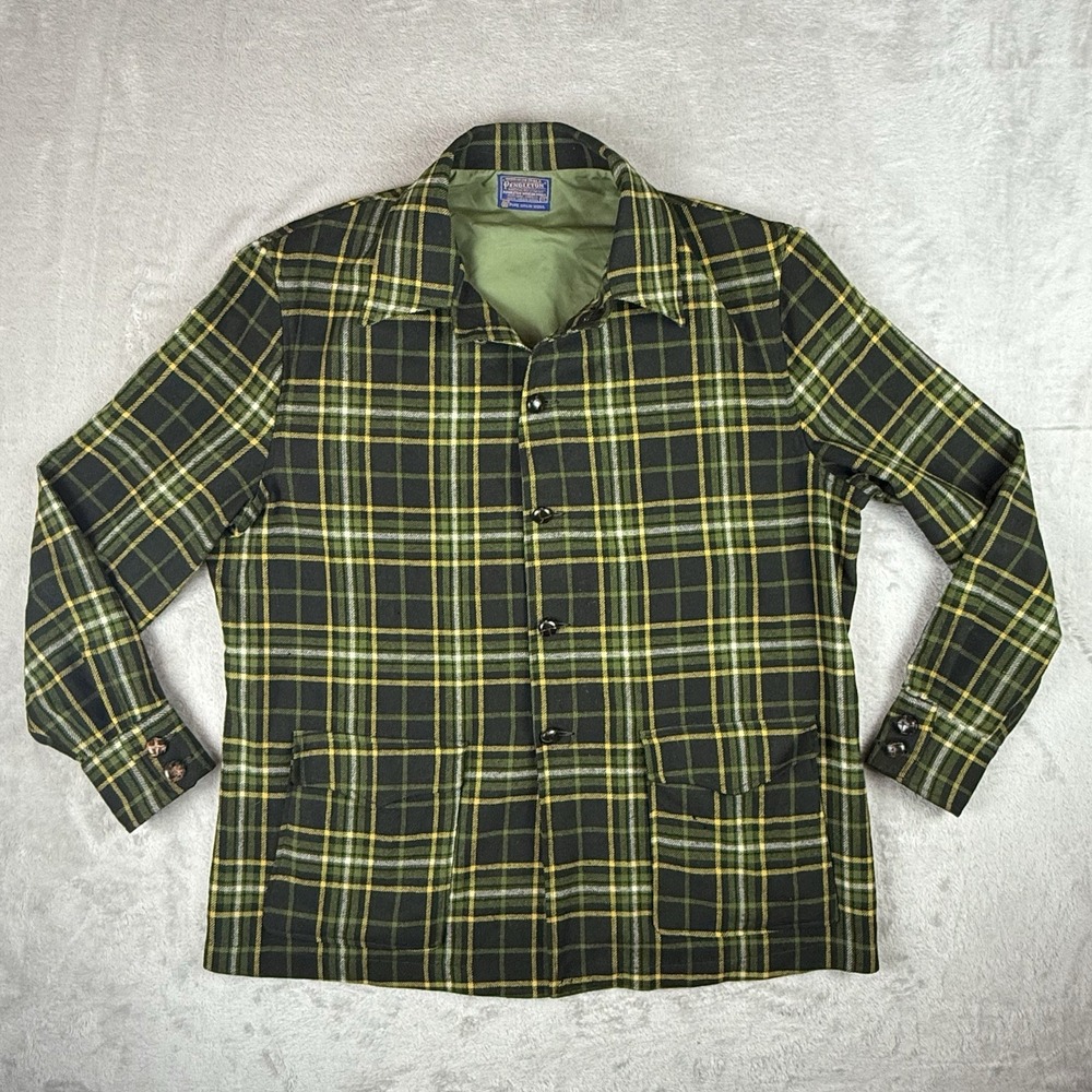 Vtg Pendleton Checkered Tartan Plaid Wool Flannel Shacket Jacket 60s Yellow HTF